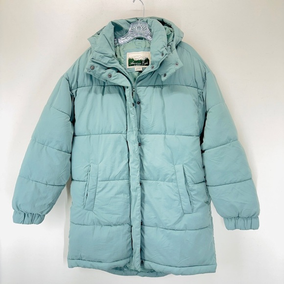 Vintage American Eagle Women's Puffer Jacket Parka Green Sage Pockets Hooded M - Picture 1 of 10